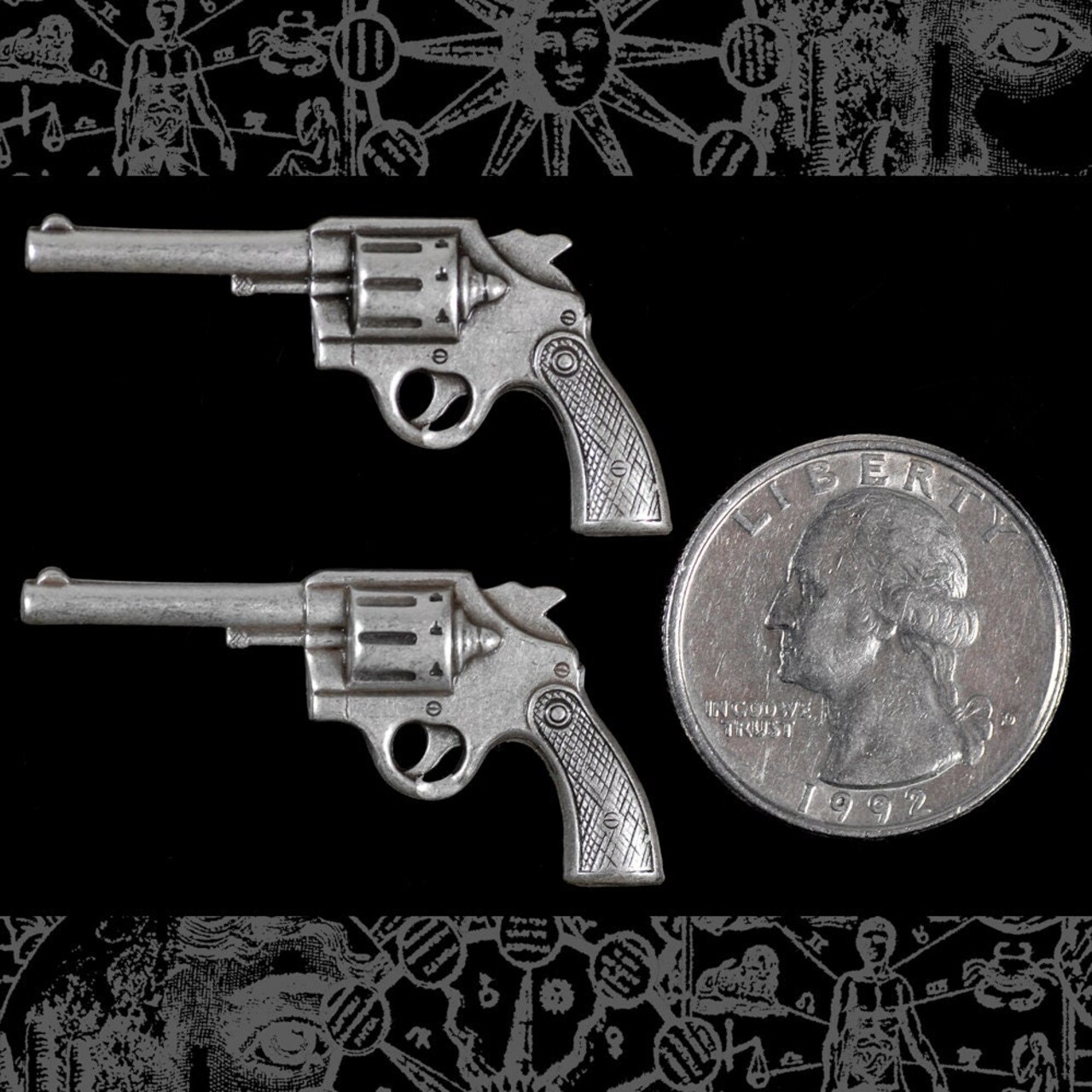 Antiqued Silver Plated Brass Medium Sized Western Gun Pendants - Set of Two - S-P76